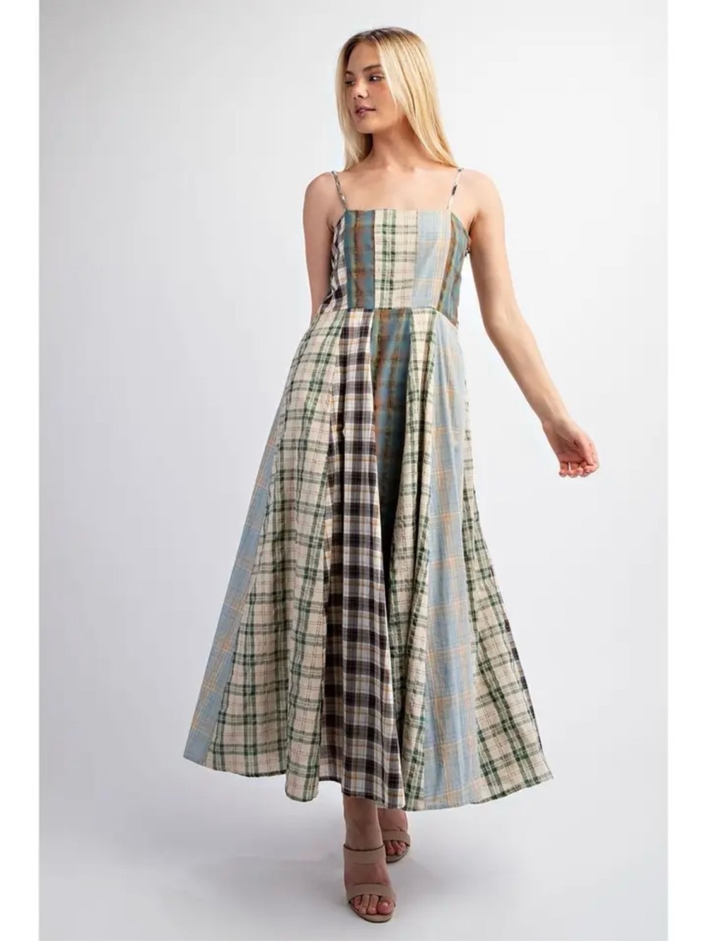 Gigio USA Patchwork Plaid Sundress Small Cotton Cottagecore Maxi Dress Pockets